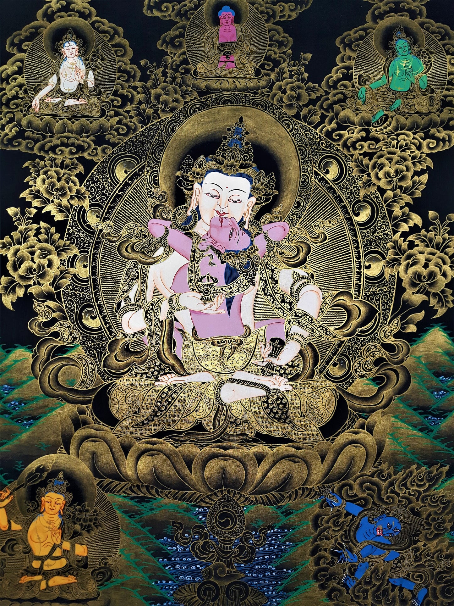 Hand Painted Vajrasattva Shakti Thangka Painting, Tibetan Wall Hanging (17x23 Inch)
