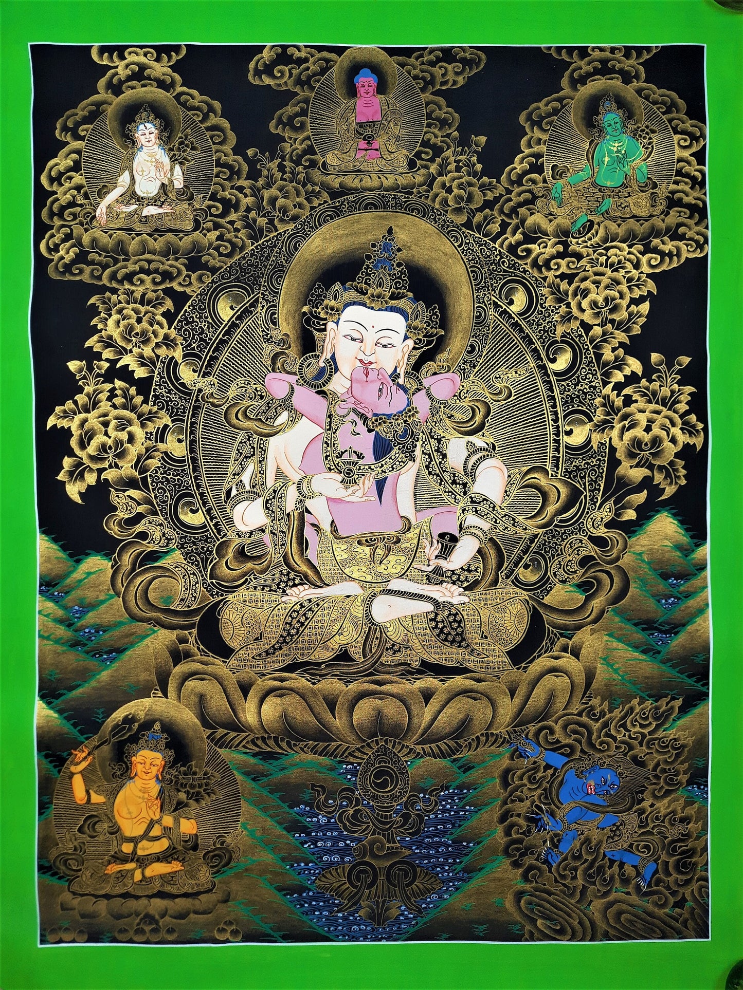 Hand Painted Vajrasattva Shakti Thangka Painting, Tibetan Wall Hanging (17x23 Inch)