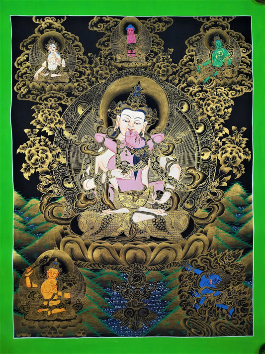 Hand Painted Vajrasattva Shakti Thangka Painting, Tibetan Wall Hanging (17x23 Inch)