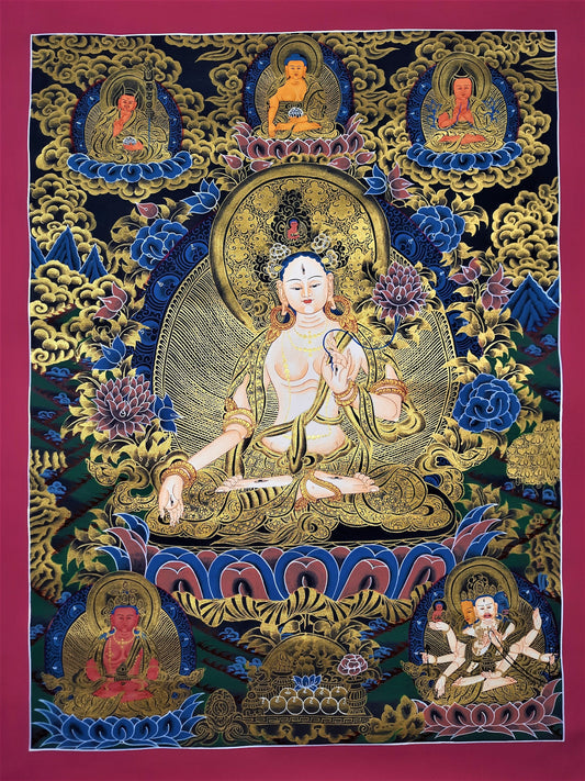 Hand-Painted White Tara Thangka: Tibetan Compassion Art, Nepal