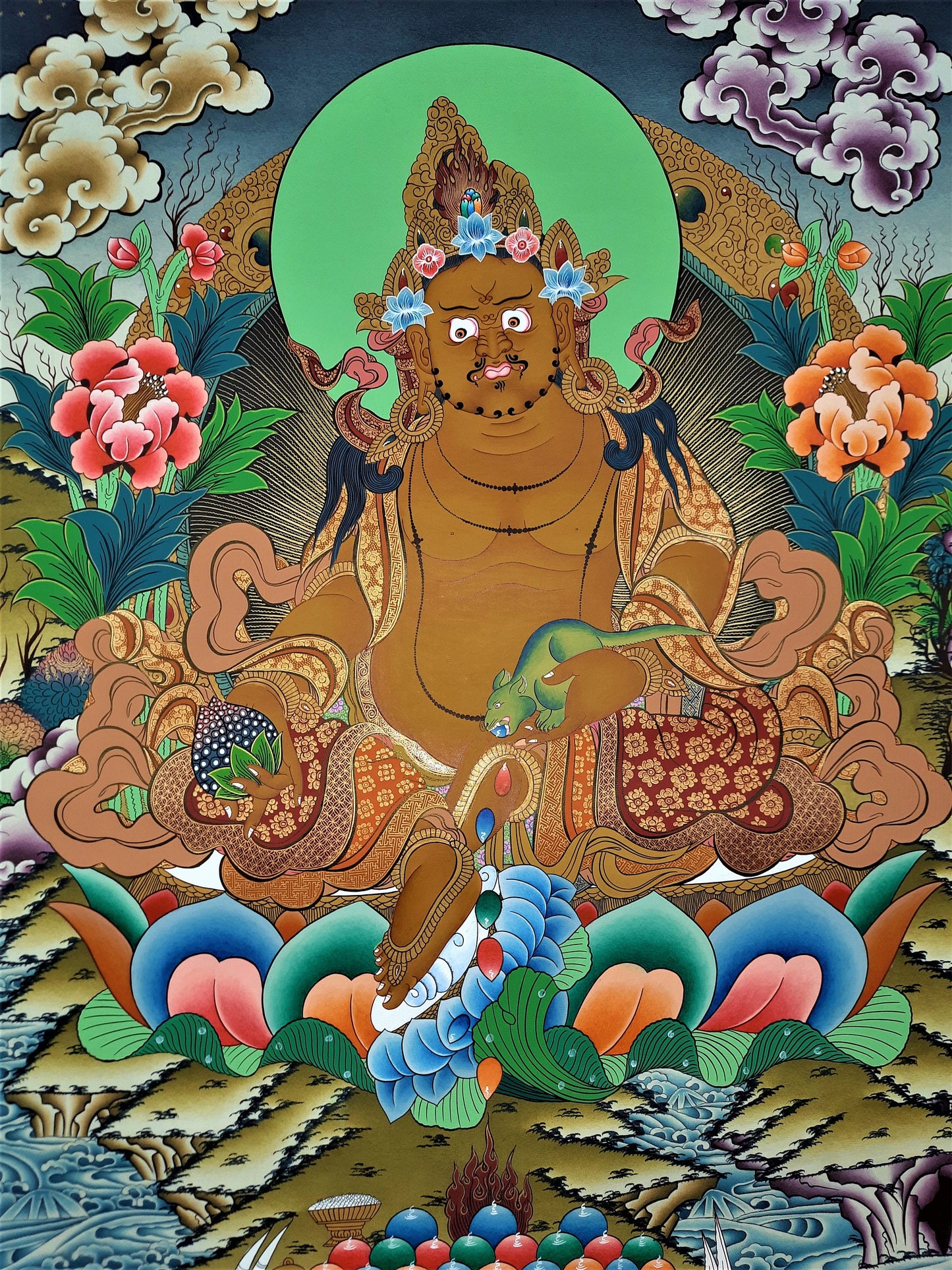 Hand Painted Jambhala Thangka: God of Wealth, 24k Gold, Tibetan Art