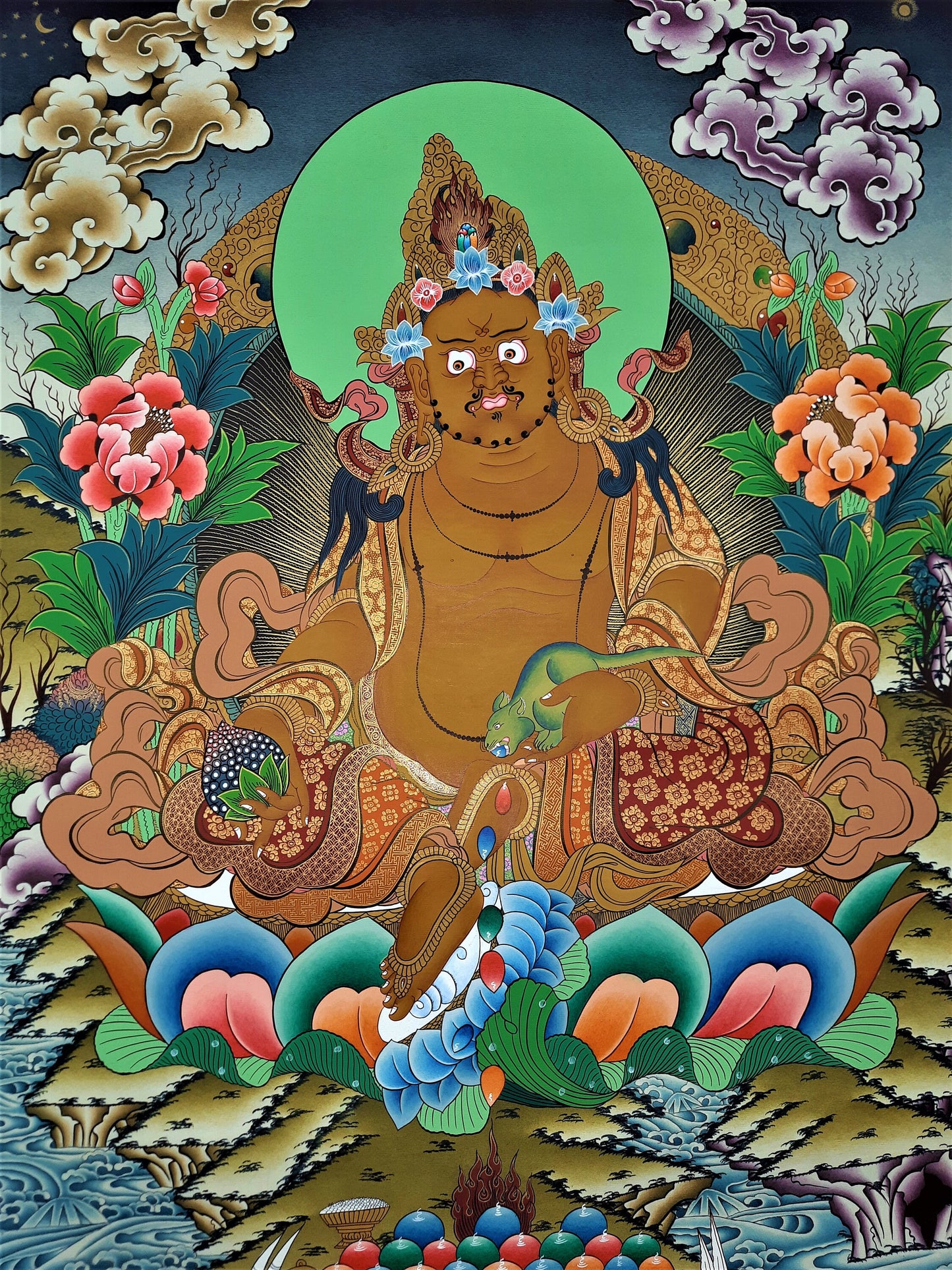 Hand Painted Jambhala Thangka: God of Wealth, 24k Gold, Tibetan Art