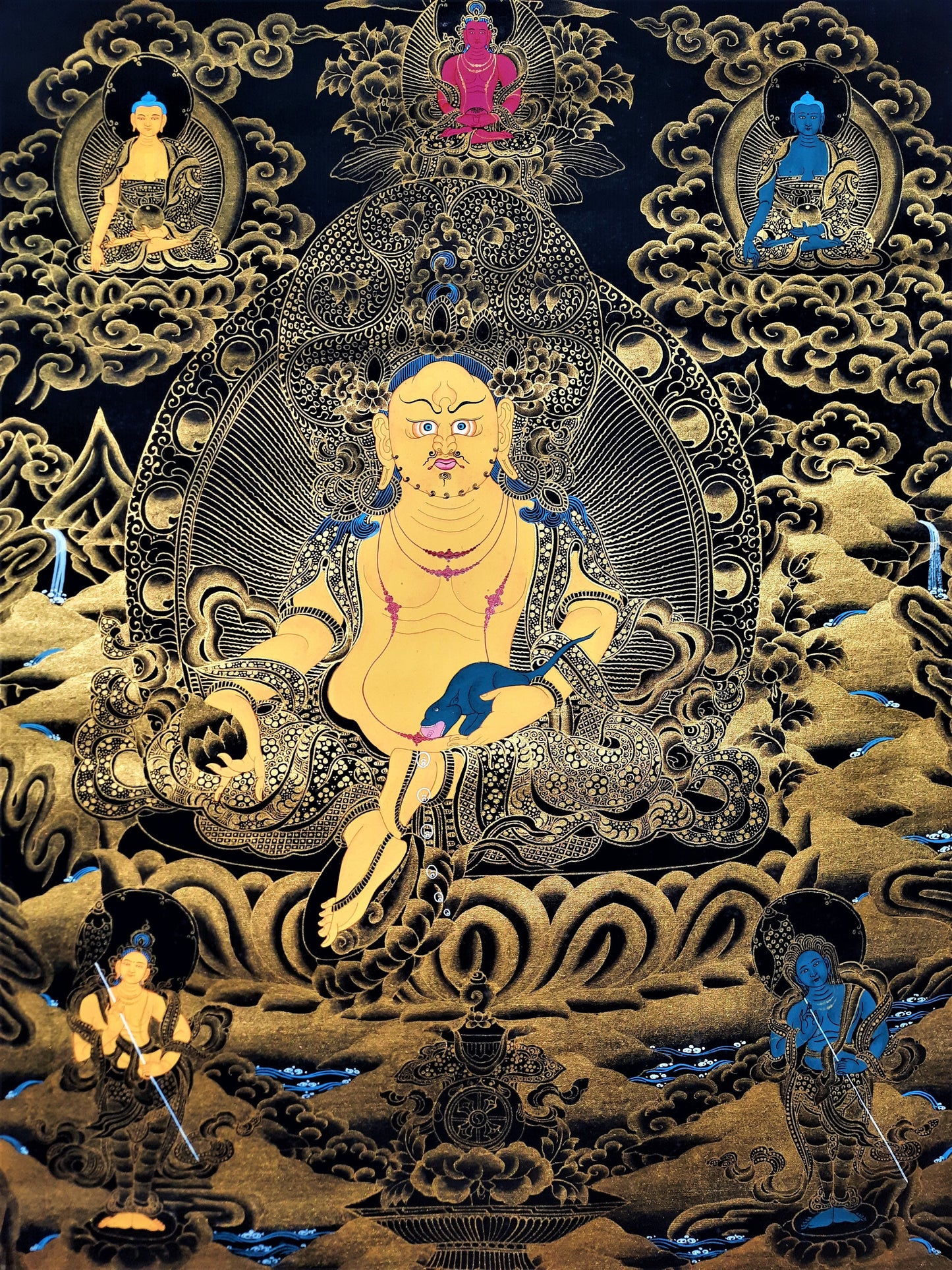 Hand Painted Kubera Jambhala Thangka, God of Wealth, Tibetan Wall Hanging