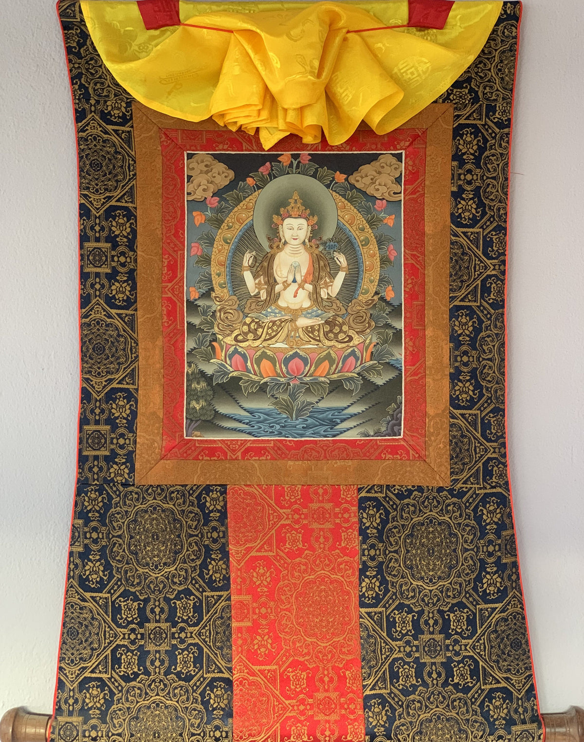 Hand-Painted Chenrezig Thangka Painting with Silk Border