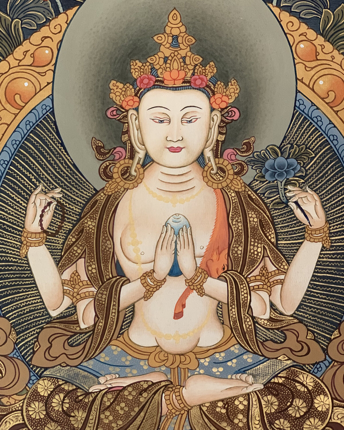 Hand-Painted Chenrezig Thangka Painting with Silk Border