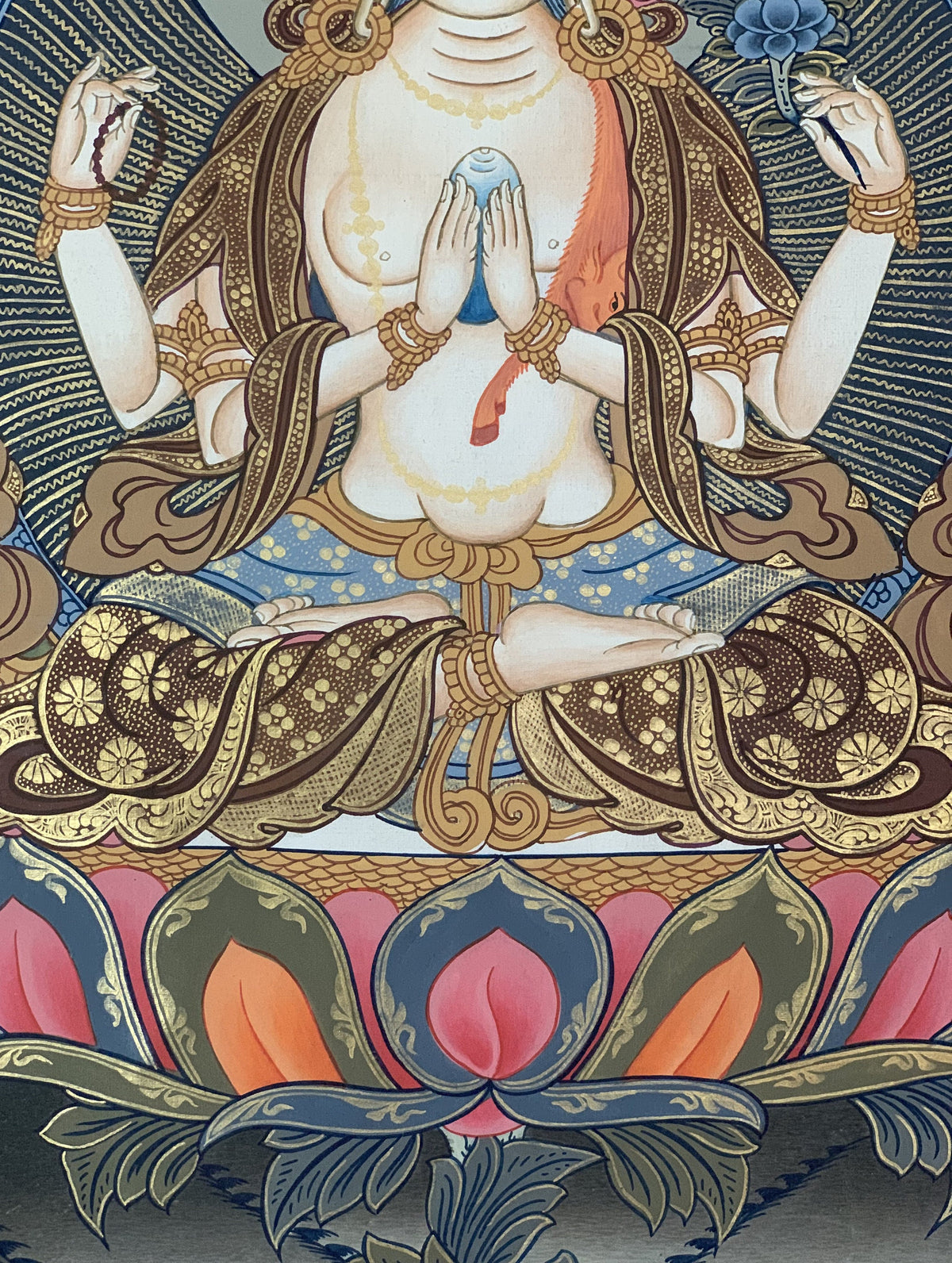 Hand-Painted Chenrezig Thangka Painting with Silk Border