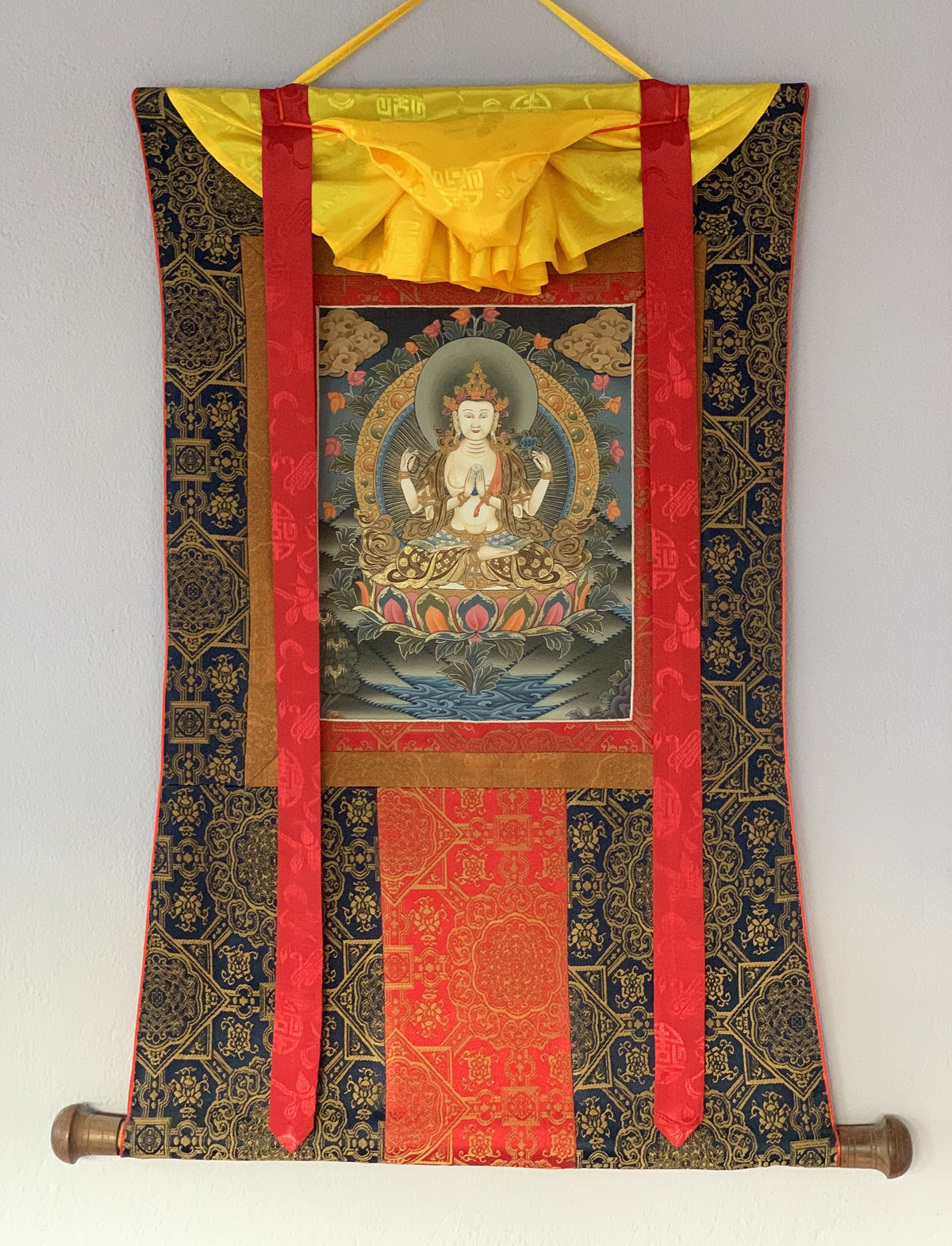 Hand-Painted Chenrezig Thangka Painting with Silk Border