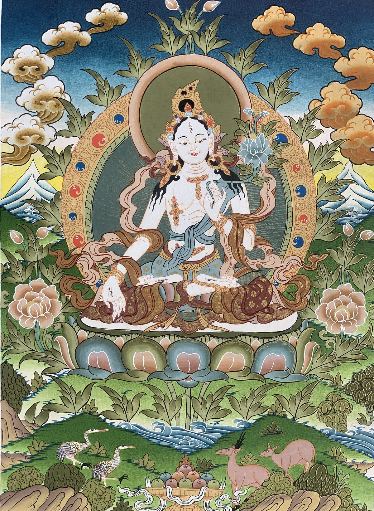 White Tara Thangka with Silk Brocade | Hand-Painted Tibetan Goddess of Compassion Art