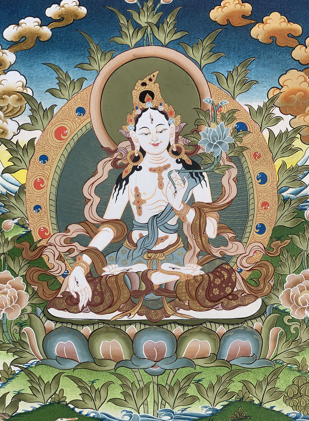 White Tara Thangka with Silk Brocade | Hand-Painted Tibetan Goddess of Compassion Art