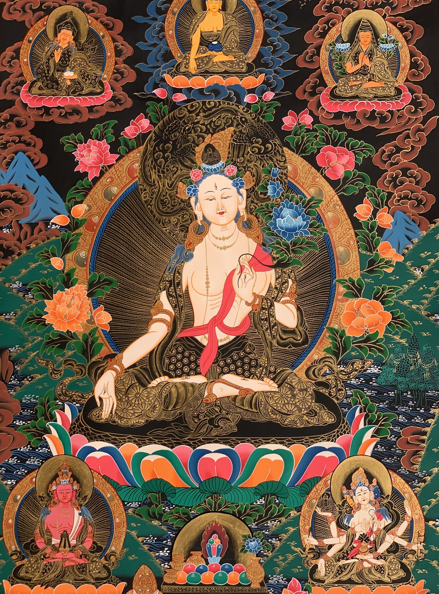 Hand-Painted White Tara Thangka with Silk Brocade - Tibetan Goddess of Compassion and Long Life