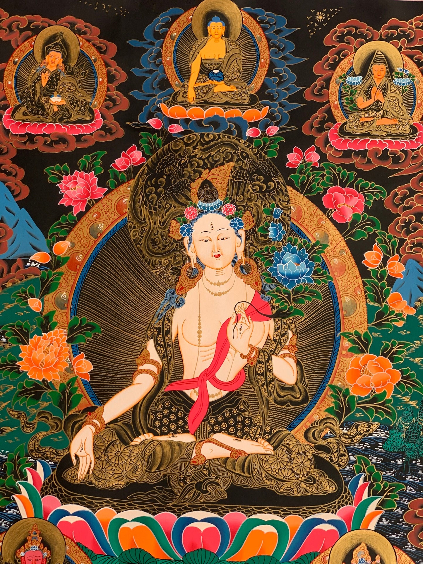 Hand-Painted White Tara Thangka with Silk Brocade - Tibetan Goddess of Compassion and Long Life