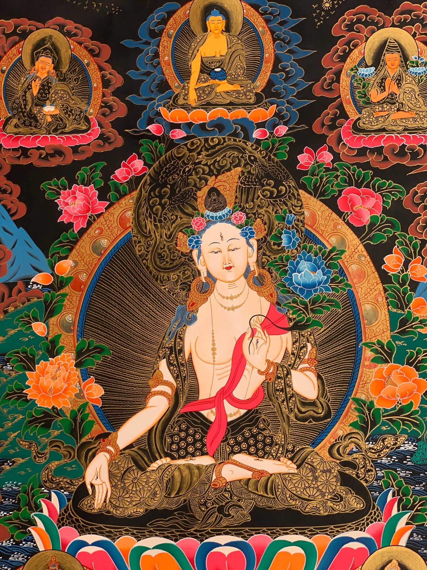 Hand-Painted White Tara Thangka with Silk Brocade - Tibetan Goddess of Compassion and Long Life