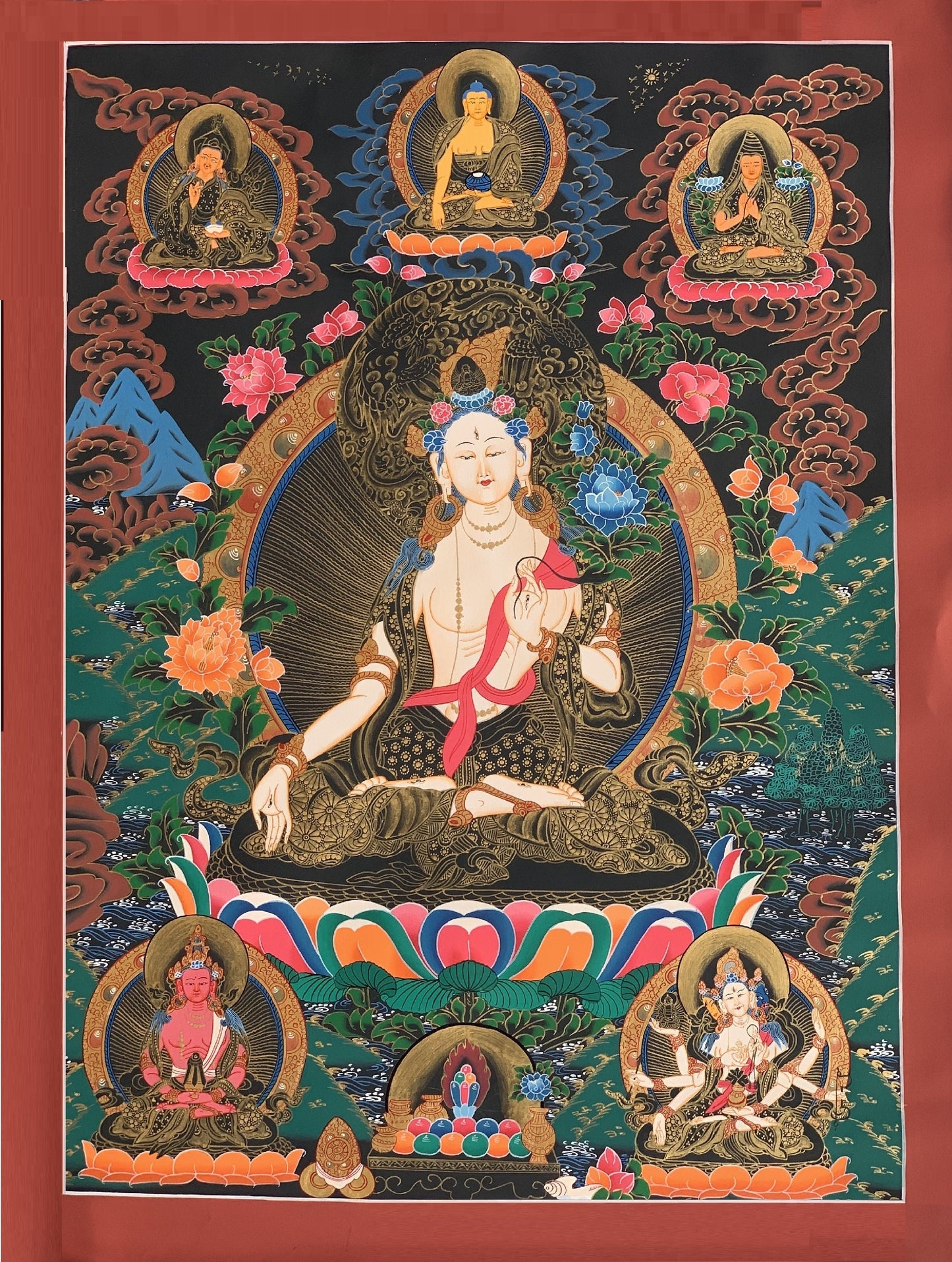 Hand-Painted White Tara Thangka with Silk Brocade - Tibetan Goddess of Compassion and Long Life