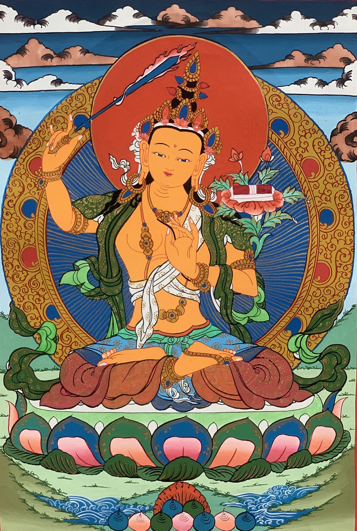 Manjushri, Manjusri, Manjushree, Master Quality, Hand-painted, Original Tibetan Thangka Painting, Compassion, Meditation  Art  10 x 15 Inch