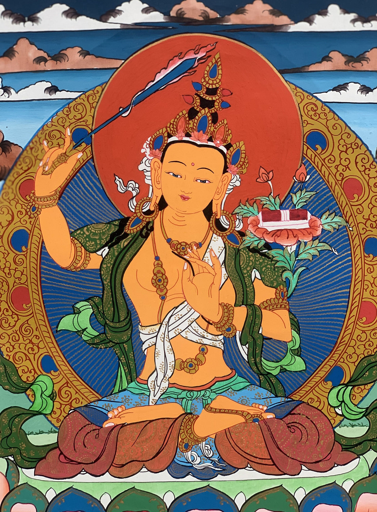 Manjushri, Manjusri, Manjushree, Master Quality, Hand-painted, Original Tibetan Thangka Painting, Compassion, Meditation  Art  10 x 15 Inch