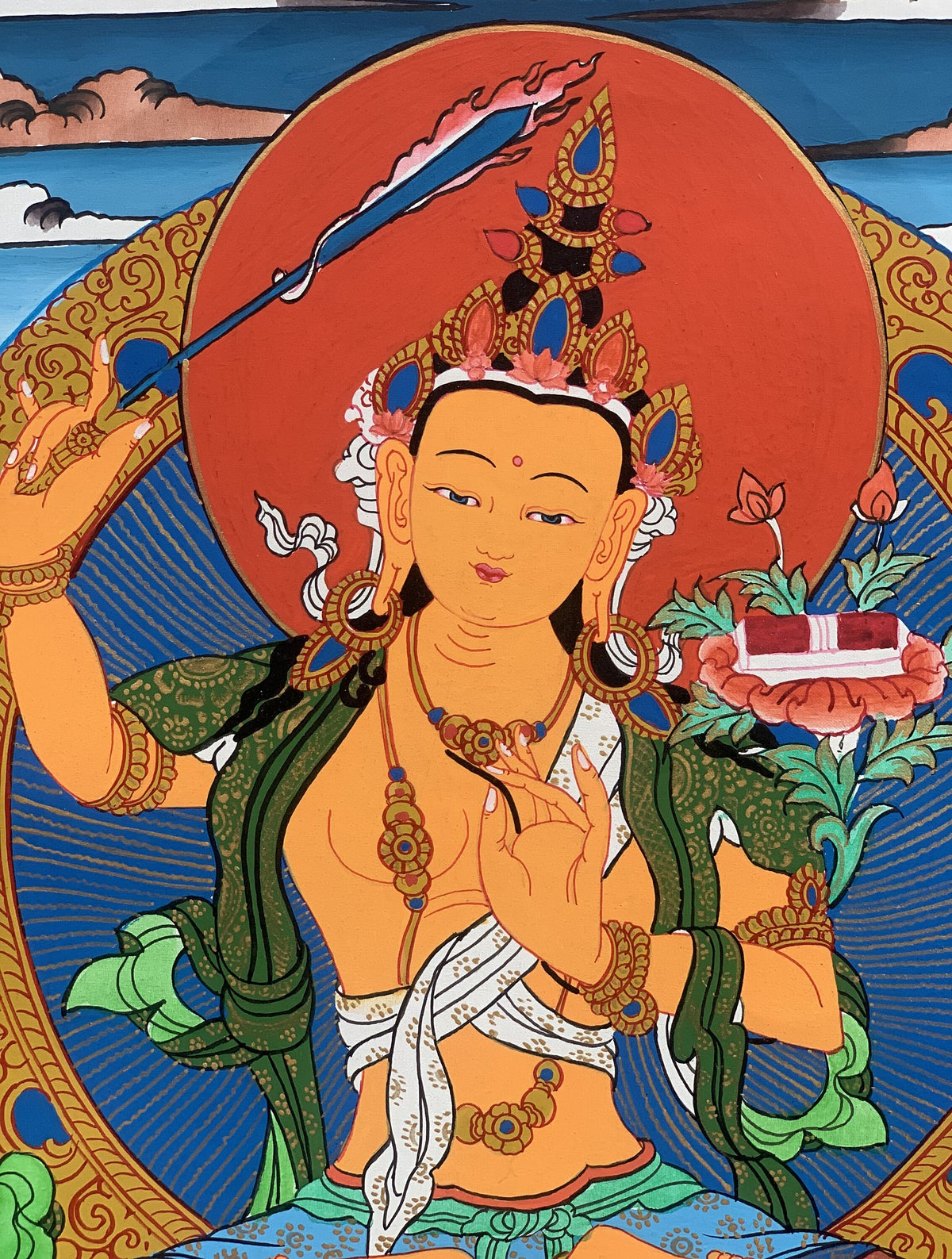 Manjushri, Manjusri, Manjushree, Master Quality, Hand-painted, Original Tibetan Thangka Painting, Compassion, Meditation  Art  10 x 15 Inch