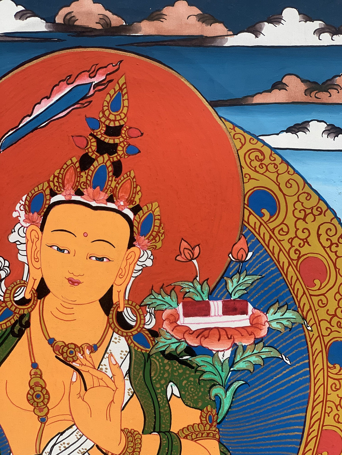 Manjushri, Manjusri, Manjushree, Master Quality, Hand-painted, Original Tibetan Thangka Painting, Compassion, Meditation  Art  10 x 15 Inch