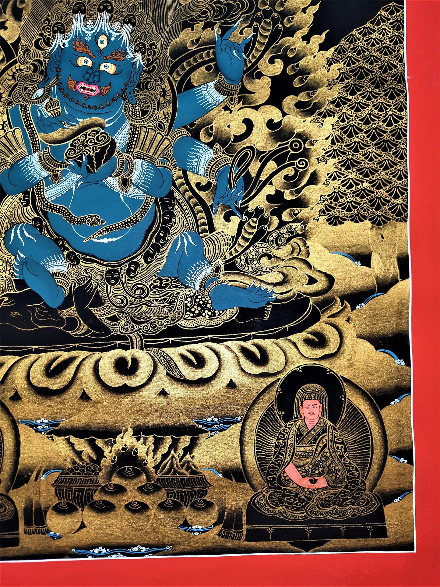 Hand-Painted Black Mahankala Thangka, Tibetan Meditation Art