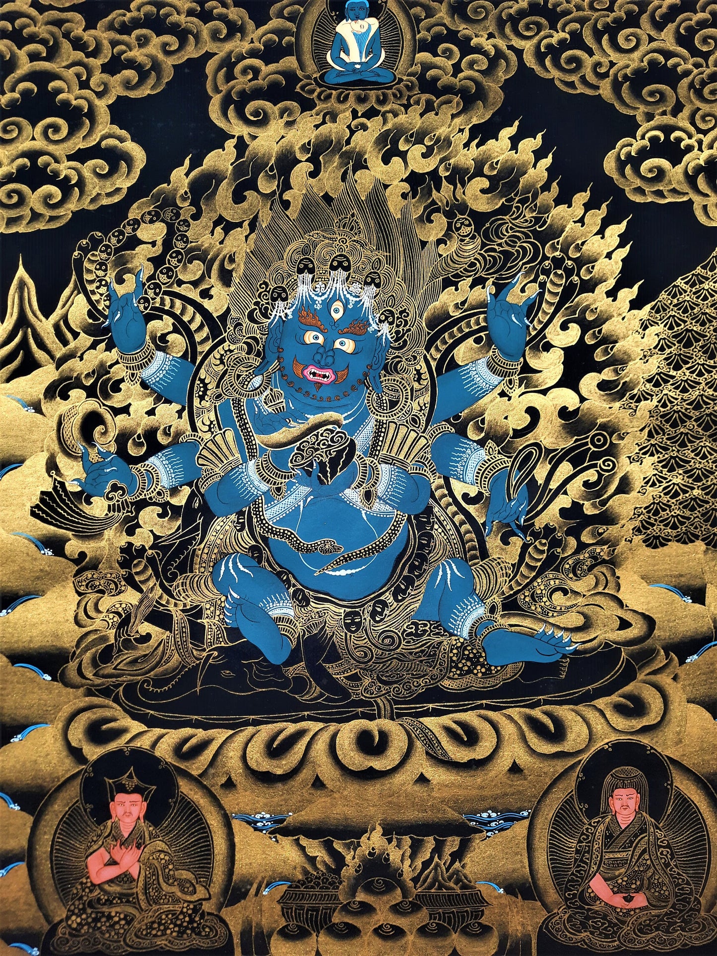 Hand-Painted Black Mahankala Thangka, Tibetan Meditation Art