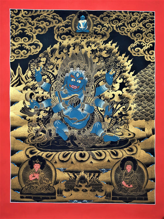 Hand-Painted Black Mahankala Thangka, Tibetan Meditation Art