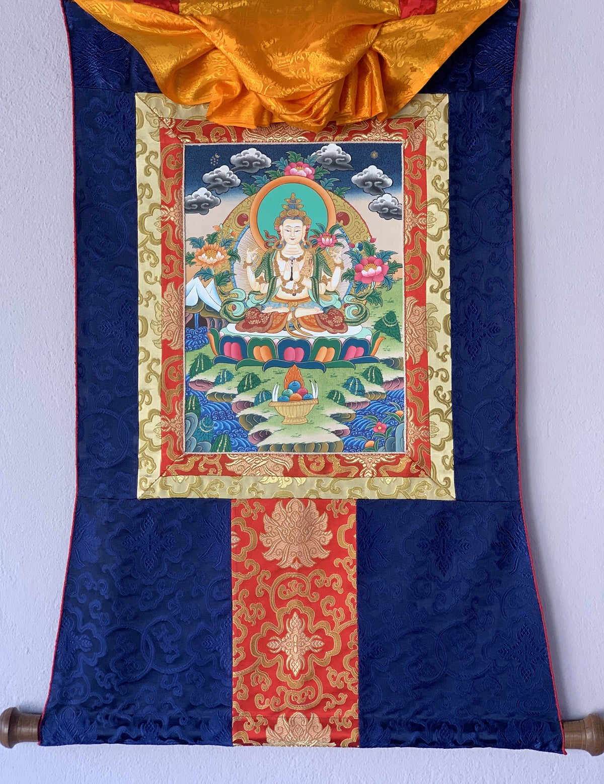 Hand Painted Avalokiteshvara Thangka, Tibetan Meditation Art with Silk Brocade