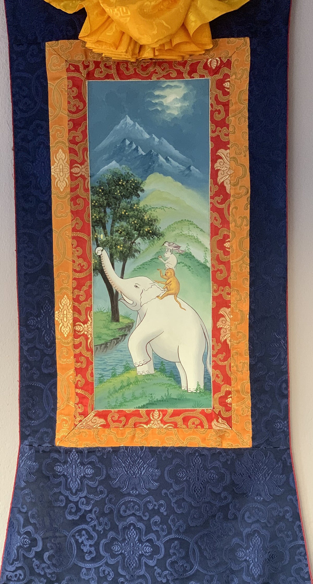 Newari Paubha Thangka Painting, Four Harmonious Friends, Silk Border