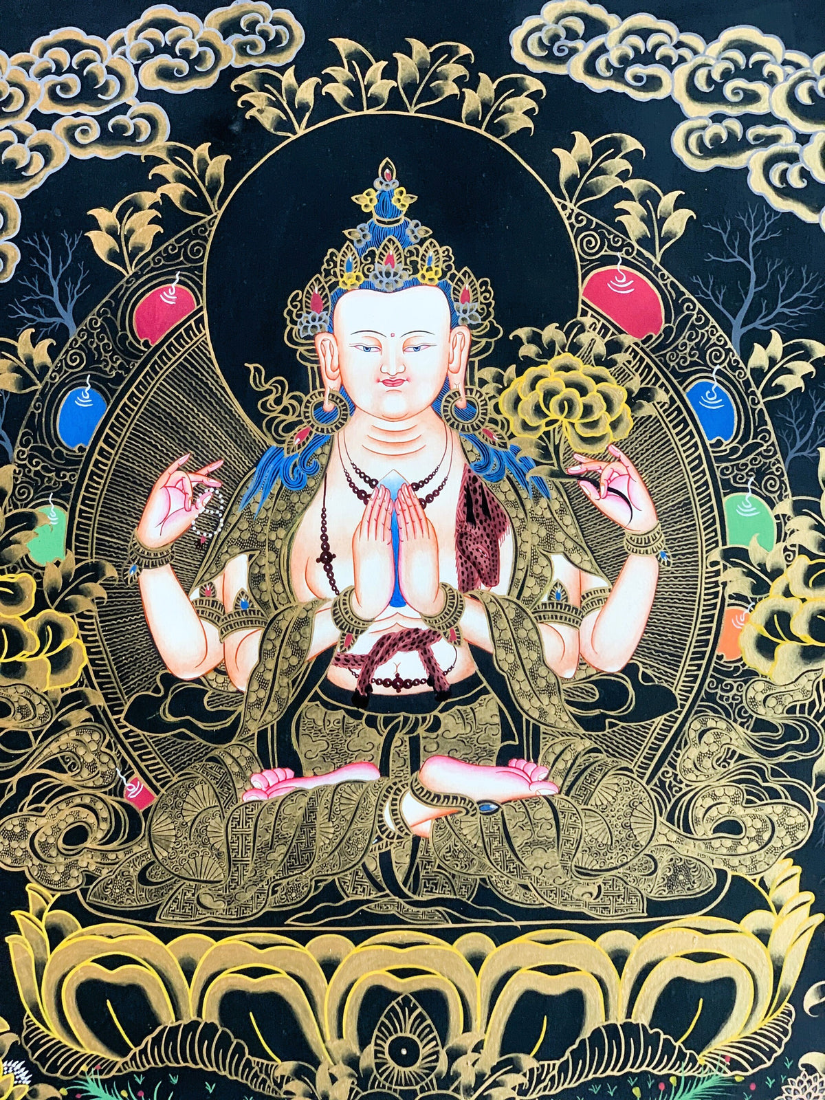 4 -Armed, Chyangresi, Chenrezig, Avalokiteshvara, Master Quality, Tibetan Thangka, Original Hand Painting, Buddhist Art 18 x 24 Inch
