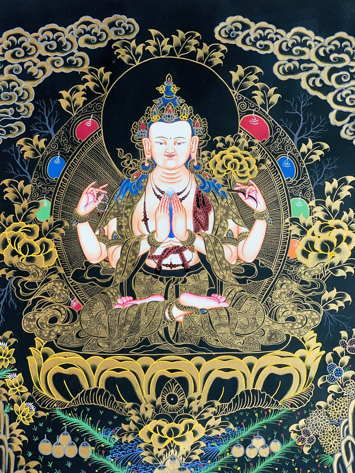 4 -Armed, Chyangresi, Chenrezig, Avalokiteshvara, Master Quality, Tibetan Thangka, Original Hand Painting, Buddhist Art 18 x 24 Inch