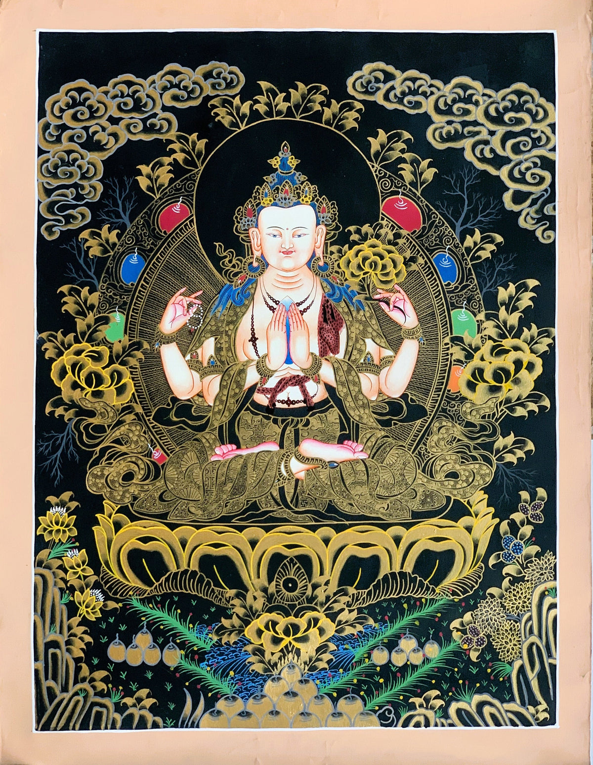 4 -Armed, Chyangresi, Chenrezig, Avalokiteshvara, Master Quality, Tibetan Thangka, Original Hand Painting, Buddhist Art 18 x 24 Inch