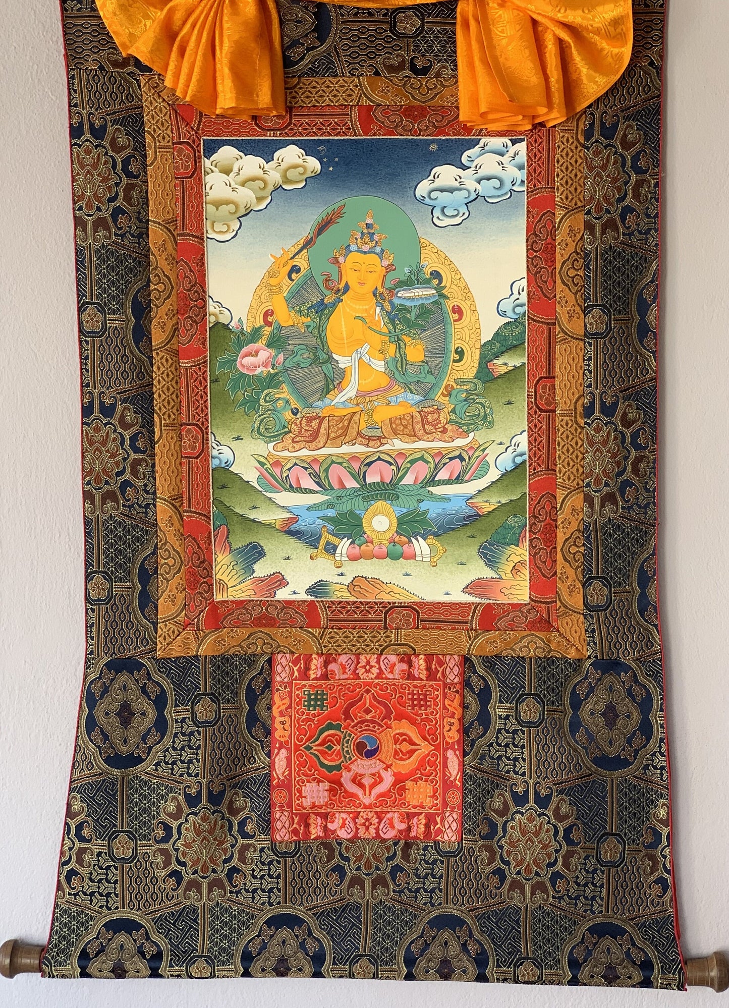 Hand-Painted Manjushree Thangka | Tibetan Buddhist Art with Silk Brocade