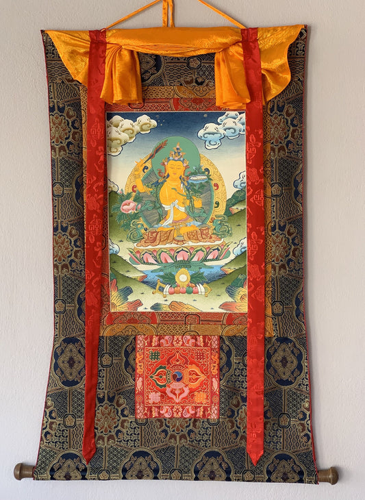 Hand-Painted Manjushree Thangka | Tibetan Buddhist Art with Silk Brocade