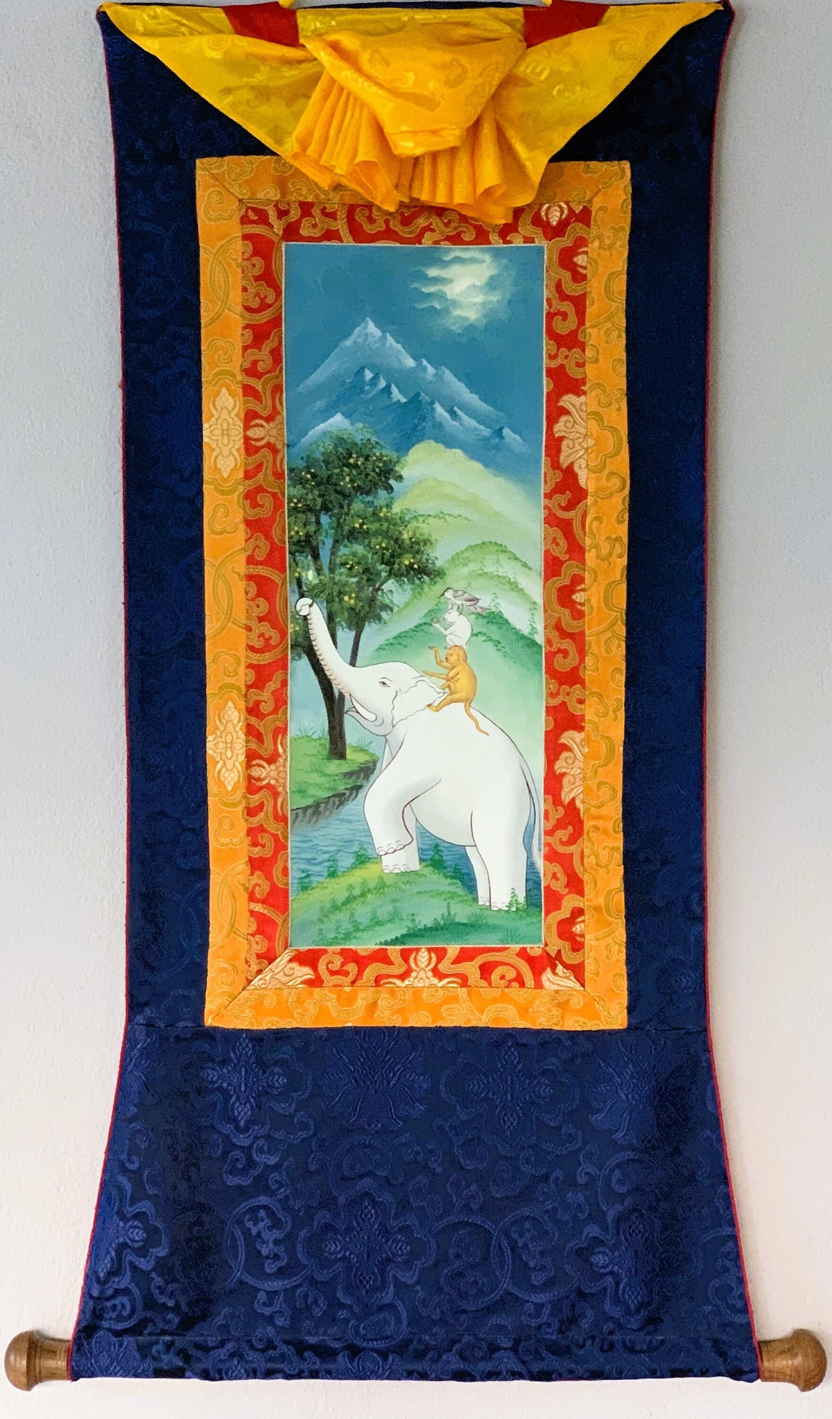Newari Paubha Thangka Painting, Four Harmonious Friends, Silk Border