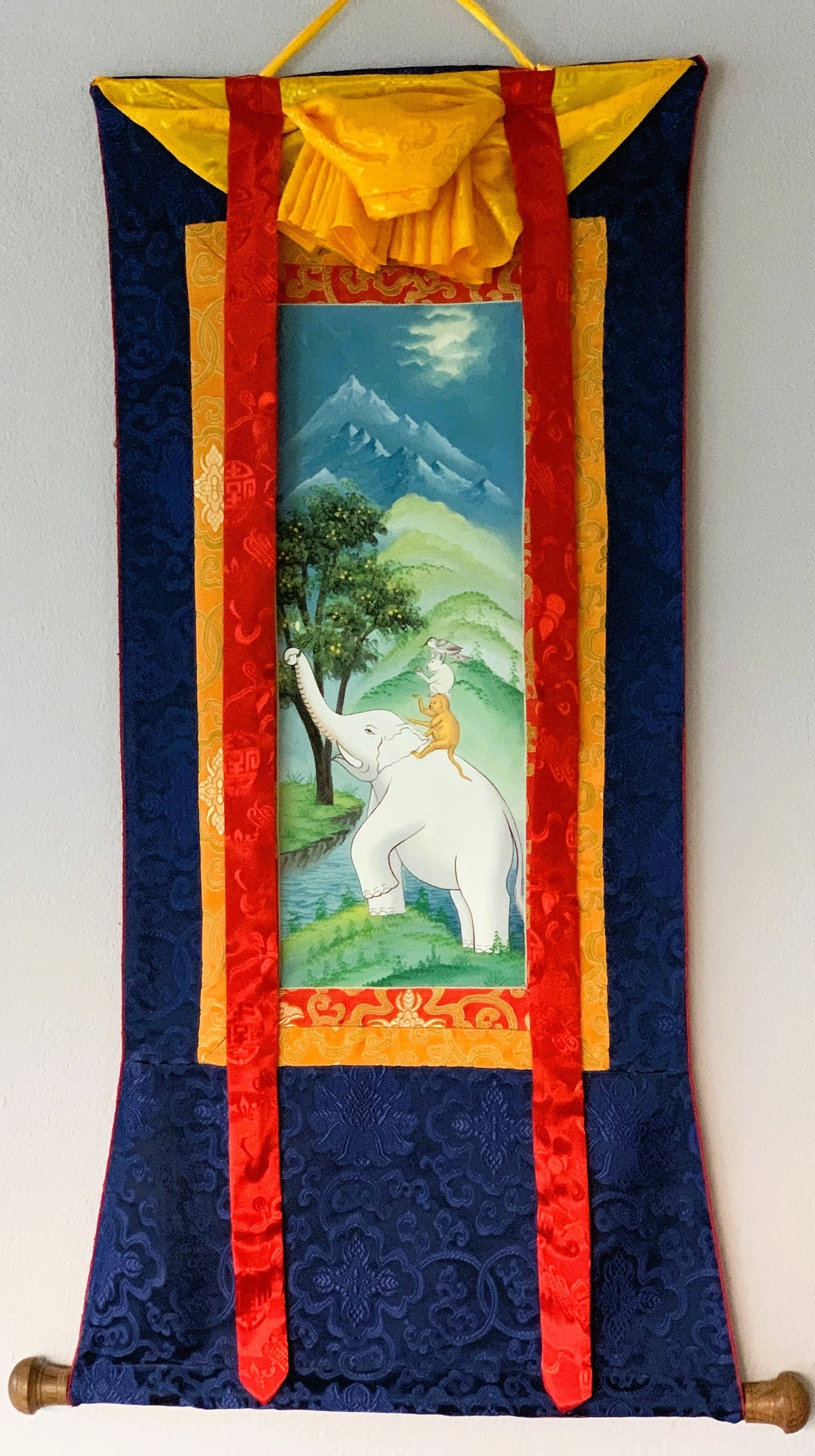 Newari Paubha Thangka Painting, Four Harmonious Friends, Silk Border