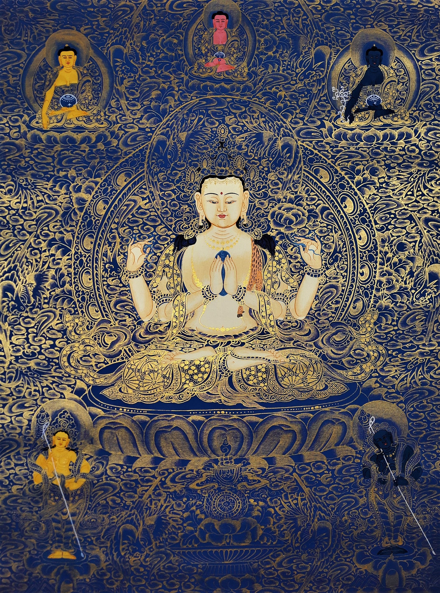Hand-Painted Avalokiteshvara Thangka Painting, Fine Art from Nepal (17.7x24 inch)