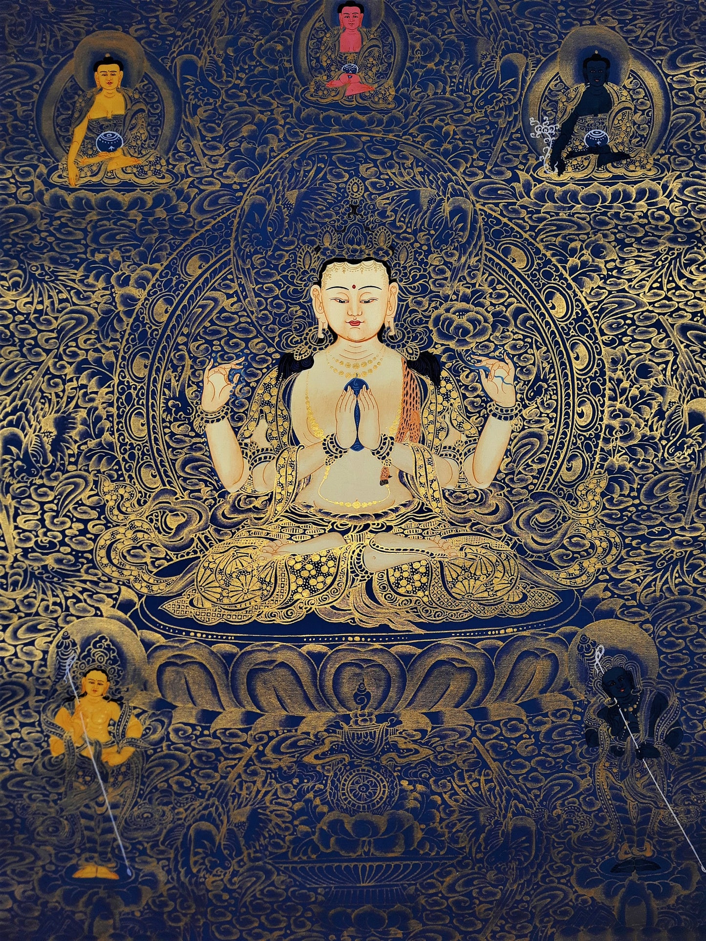 Hand-Painted Avalokiteshvara Thangka Painting, Fine Art from Nepal (17.7x24 inch)