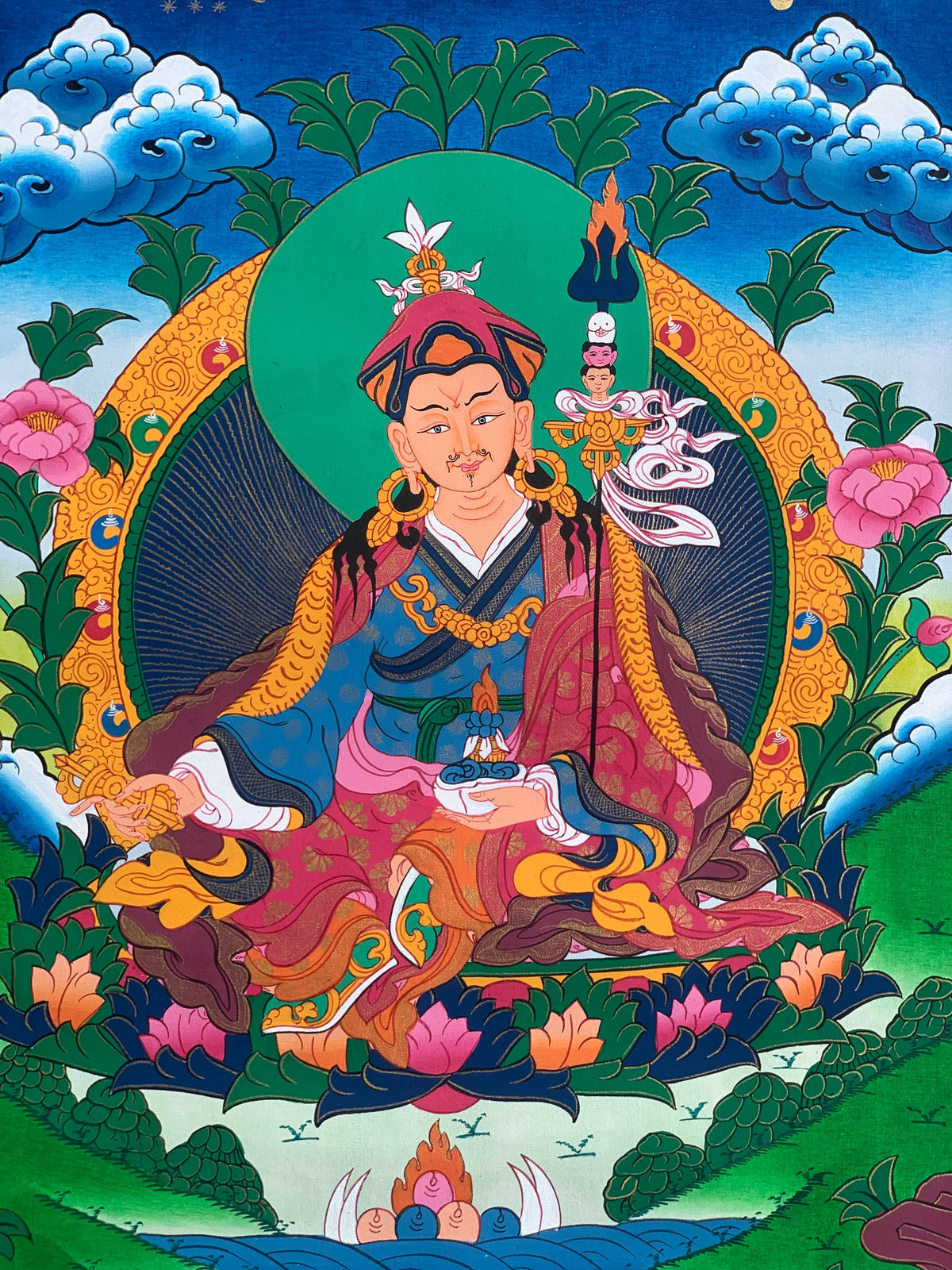 Guru Rinpoche Thangka Painting: Original Tibetan Buddhist Art with Silk Frame