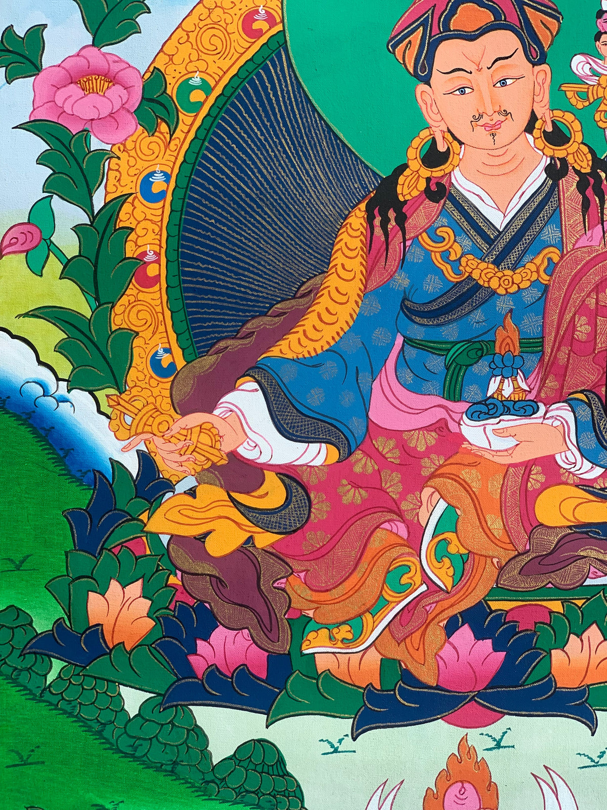 Guru Rinpoche Thangka Painting: Original Tibetan Buddhist Art with Silk Frame