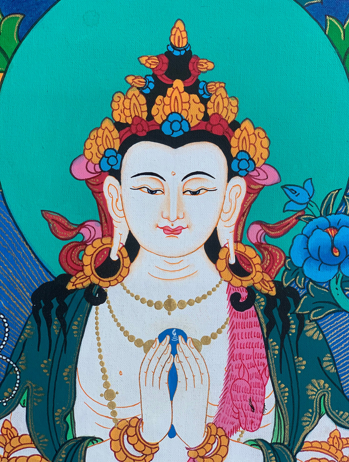 Chyangresi Chenrezig Thangka Painting with Silk Brocade (28x44 Inches)