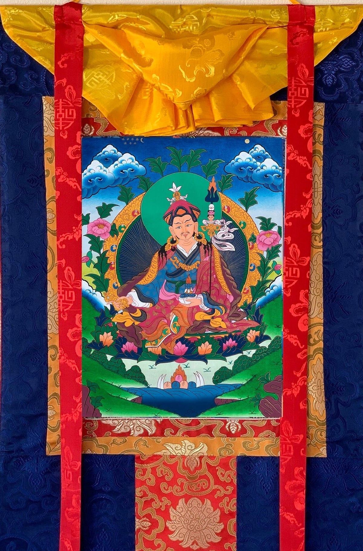 Guru Rinpoche Thangka Painting: Original Tibetan Buddhist Art with Silk Frame