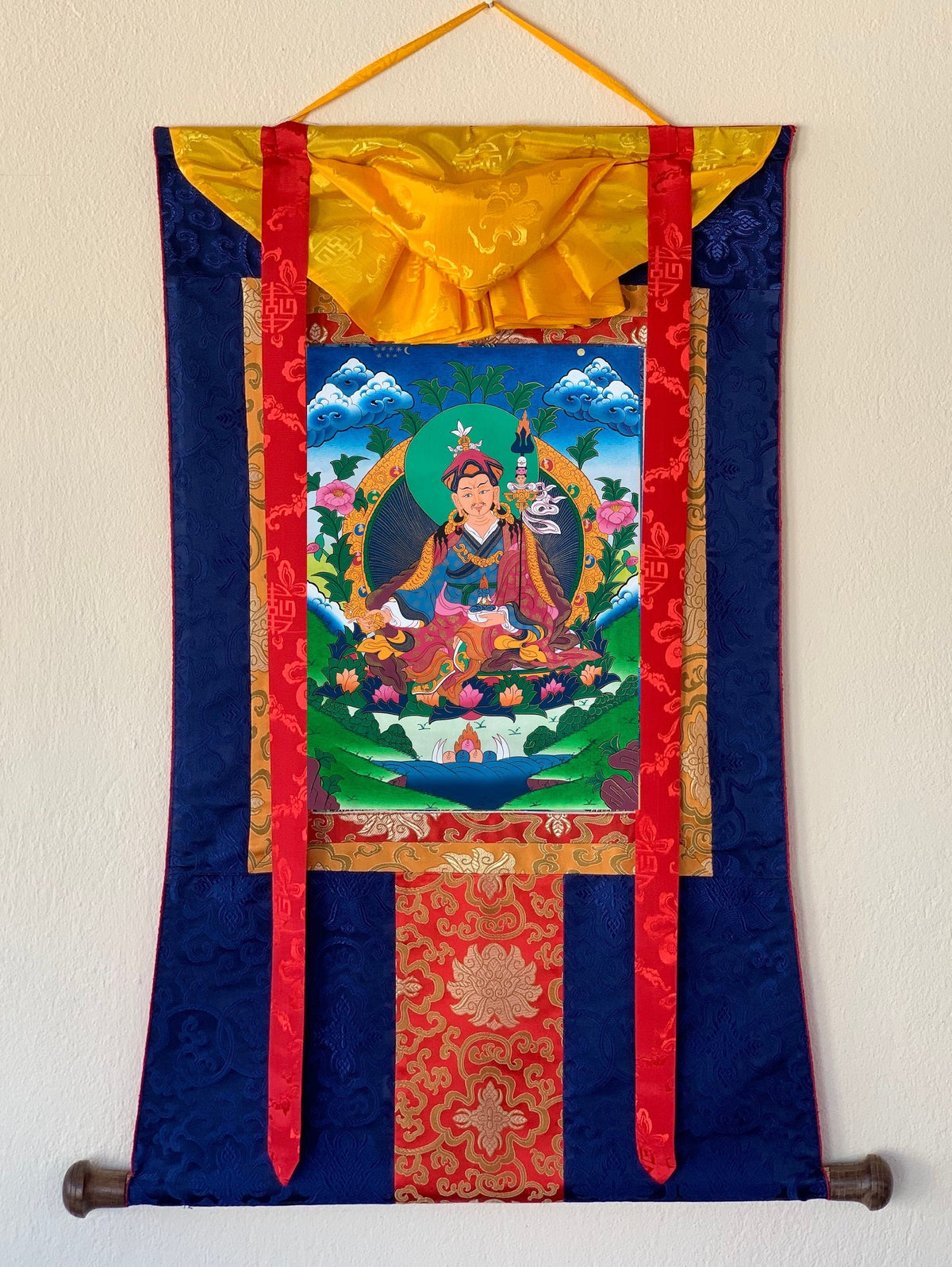 Guru Rinpoche Thangka Painting: Original Tibetan Buddhist Art with Silk Frame