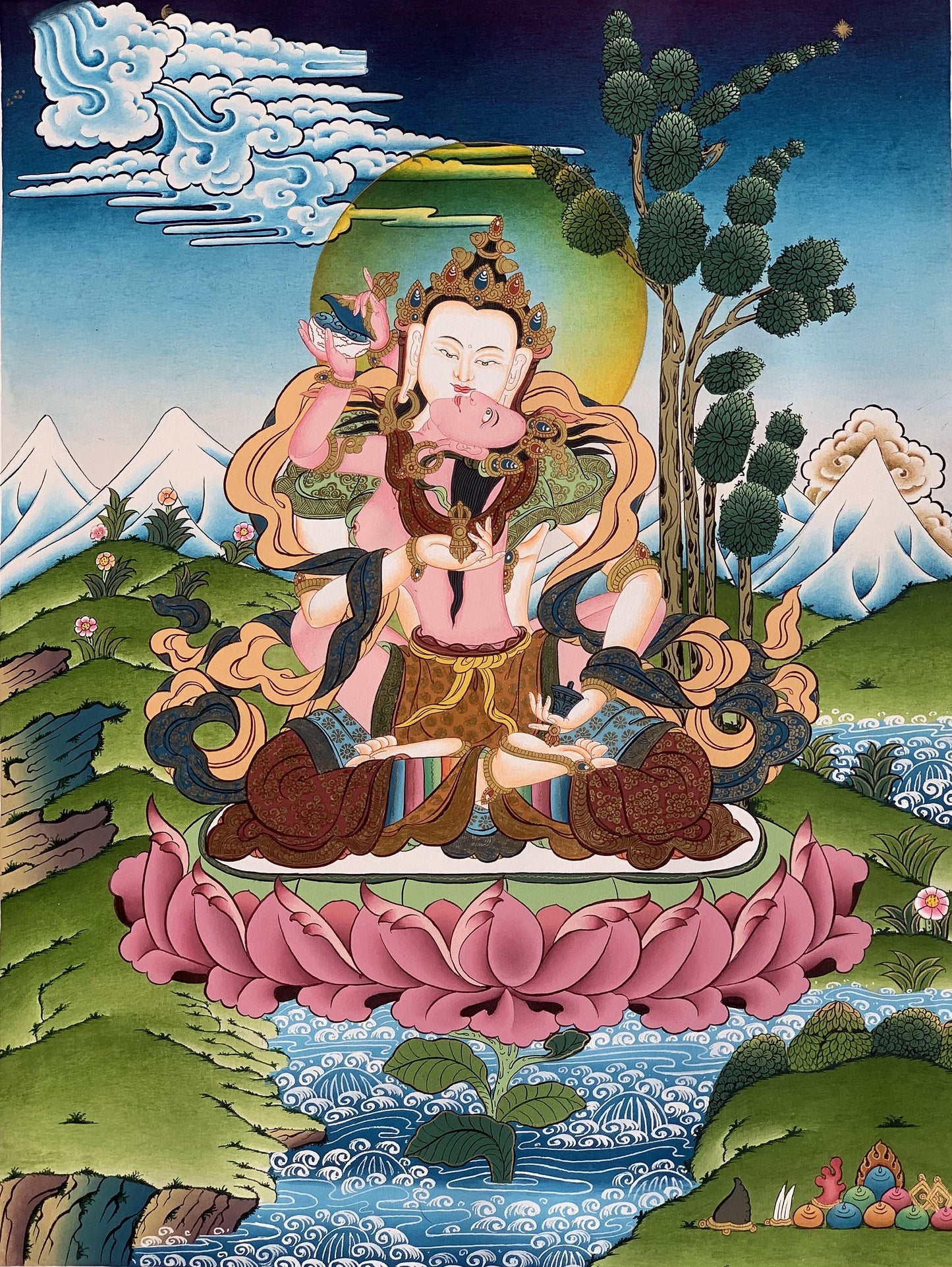 Vajrasattva and Shakti Yab Yum - Tibetan Thangka Painting for Meditation and Spiritual Décor