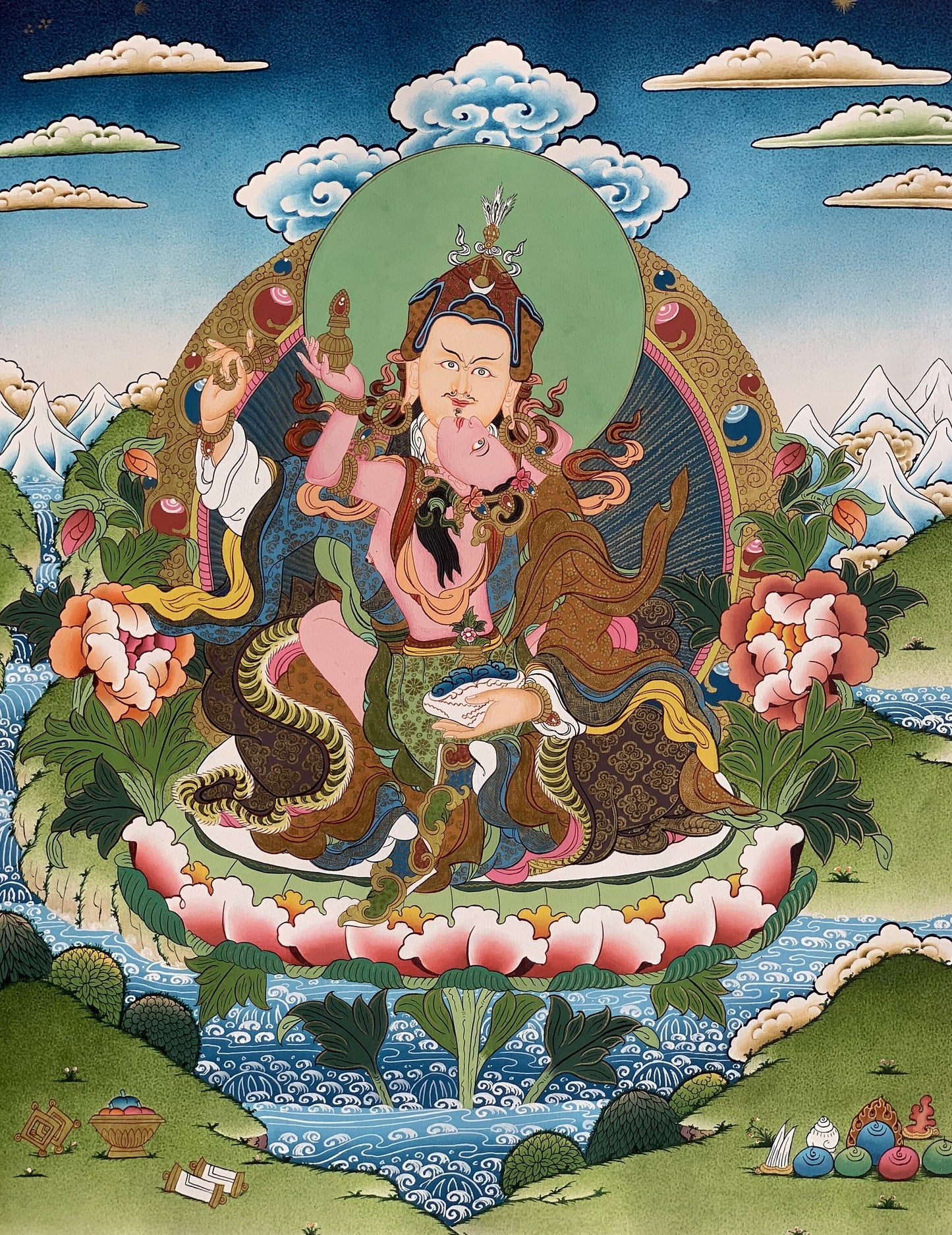 Guru Rinpoche & Mandarava Thangka | Hand-Painted Guru Shakti Tibetan Tantric Art with Gold