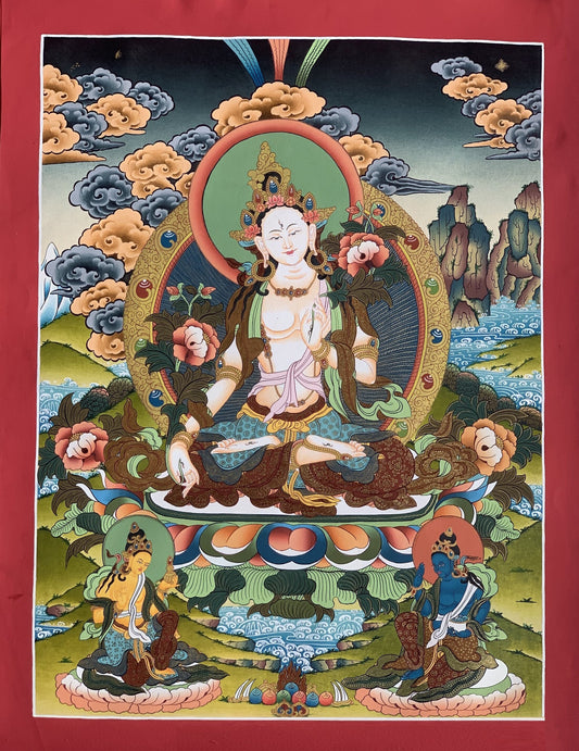 Hand-Painted White Tara Thangka, Tibetan Buddhist Art, Meditation Decor