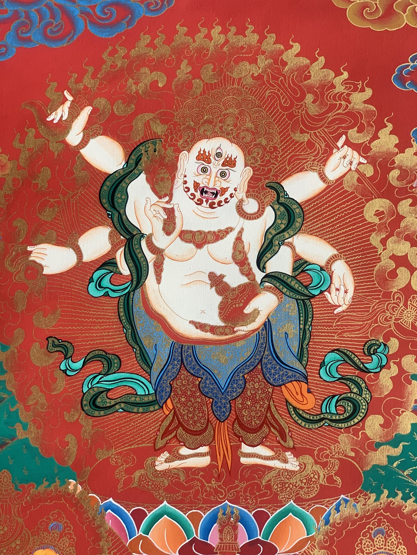 White Mahakala Thangka Painting - Six-Armed Tibetan Art from Nepal