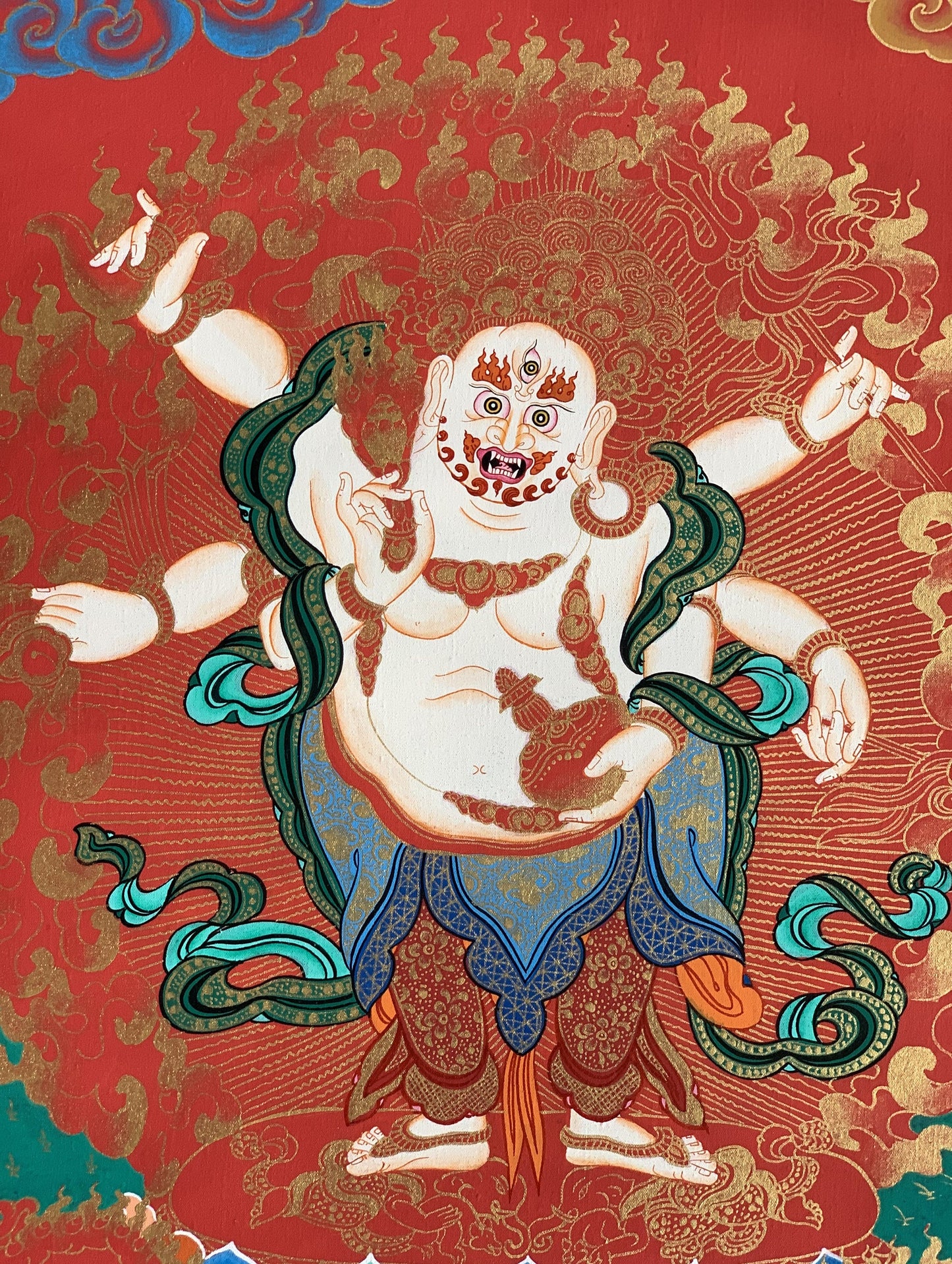 White Mahakala Thangka Painting - Six-Armed Tibetan Art from Nepal
