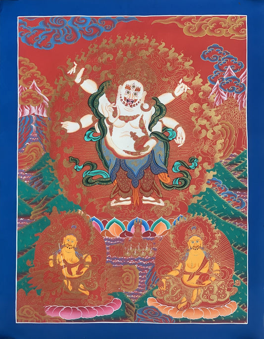 White Mahakala Thangka Painting - Six-Armed Tibetan Art from Nepal