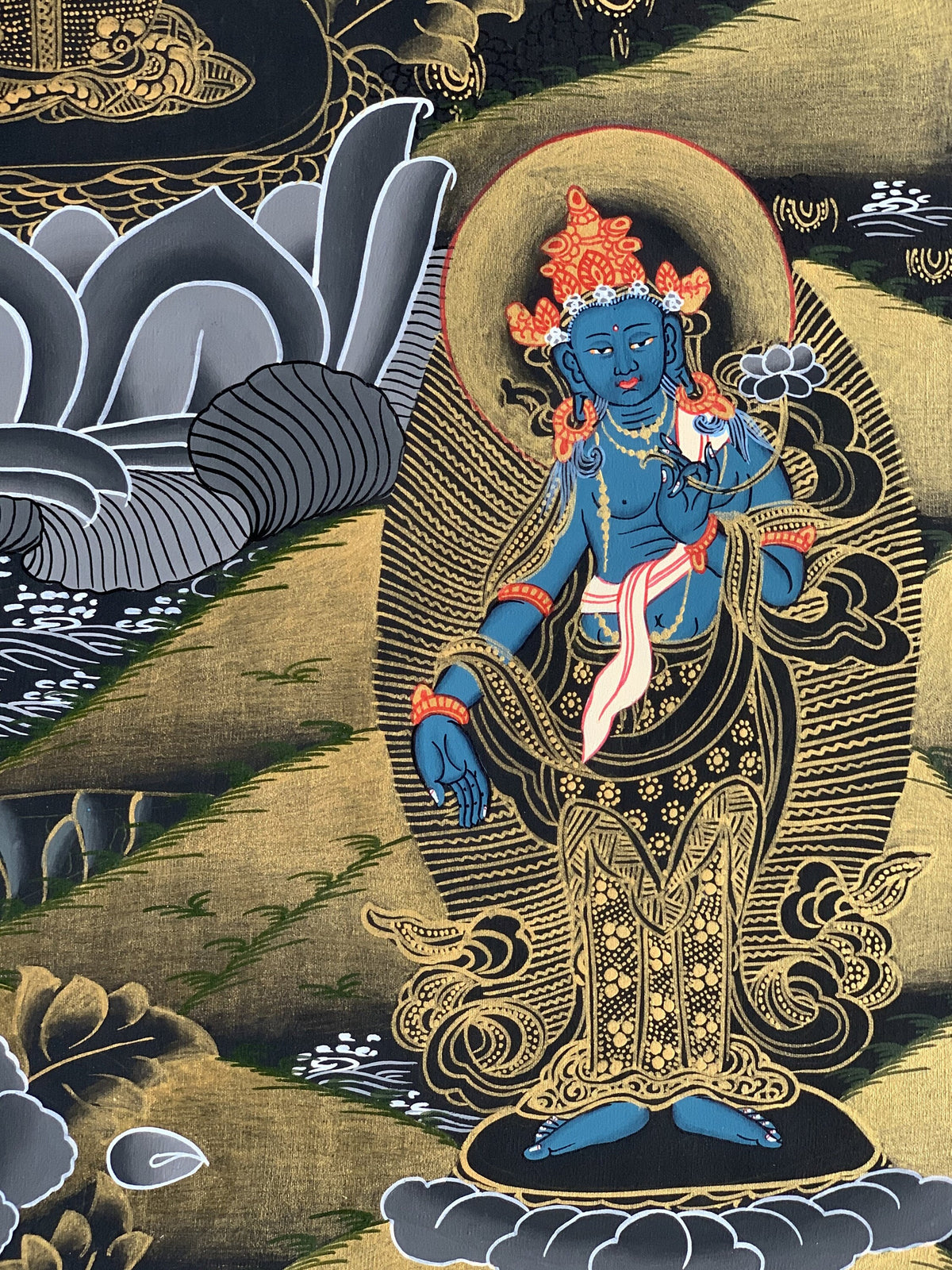 Medicine Buddha Thangka Painting, Master Quality Tibetan Art (21x27 Inches)
