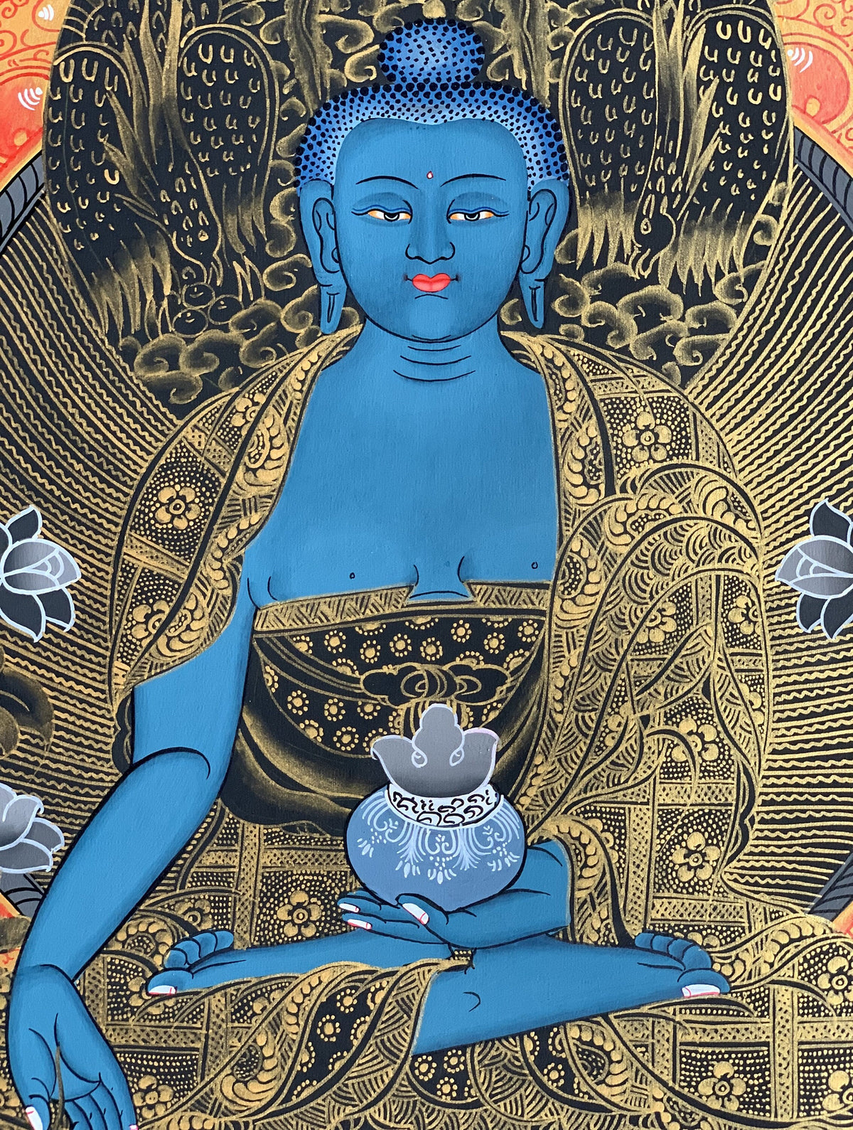 Medicine Buddha Thangka Painting, Master Quality Tibetan Art (21x27 Inches)