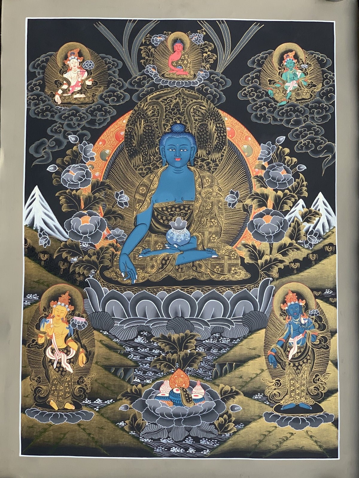 Medicine Buddha Thangka Painting, Master Quality Tibetan Art (21x27 Inches)