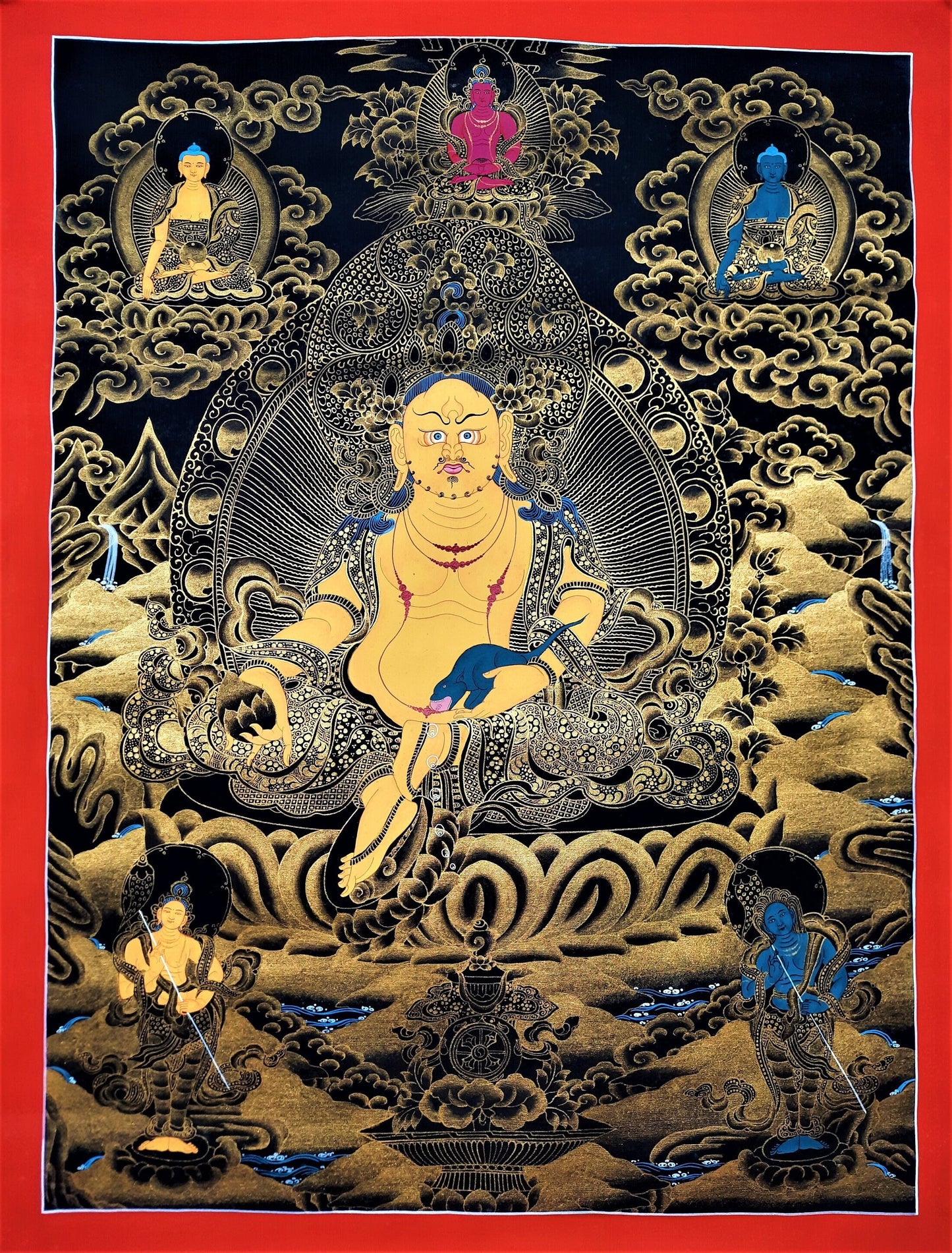 Hand Painted Kubera Jambhala Thangka, God of Wealth, Tibetan Wall Hanging